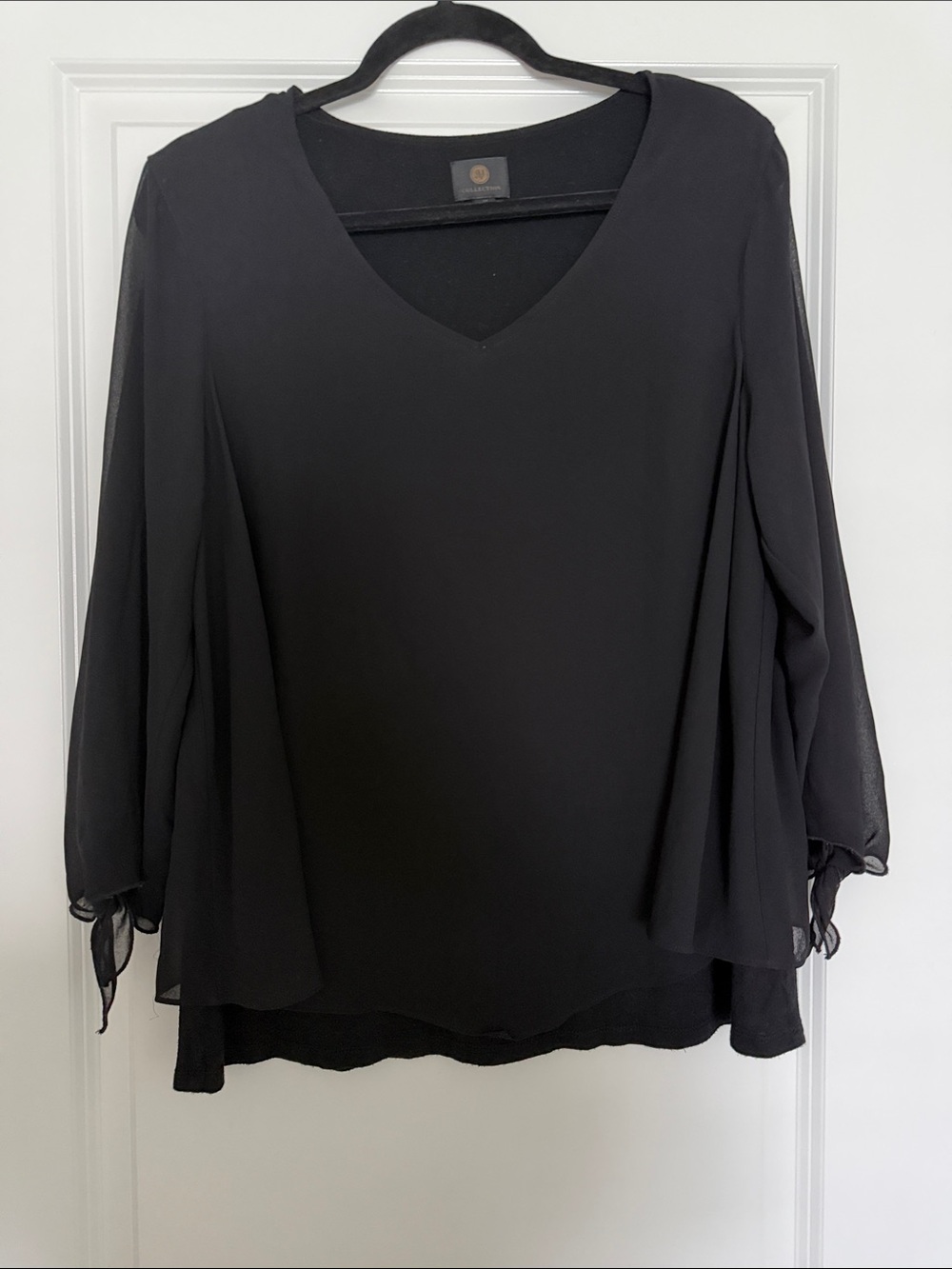 JM Collection Black V-Neck Layered Chiffon Sleeve Blouse